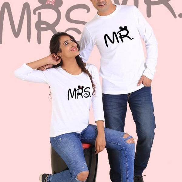 Mr. and Mrs. Couple Full Sleeves White T-Shirt Set