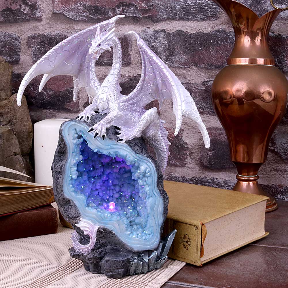 Glacial Custodian Fantasy White Dragon Sitting On A Geode 22cm